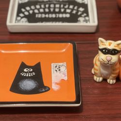 VTG Halloween Cat Ceramic Candleholder & Trinket Dish