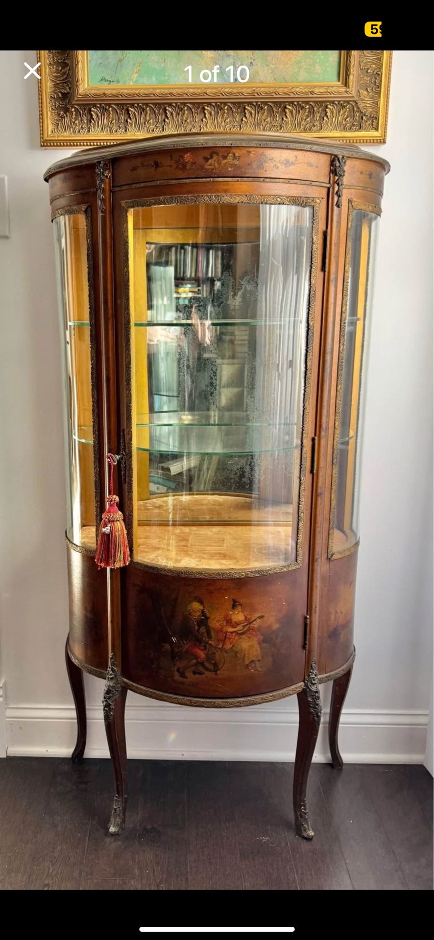 French Louis XVI Style Vernis Martin Decorated Giltwood Vitrine Curio Cabinet