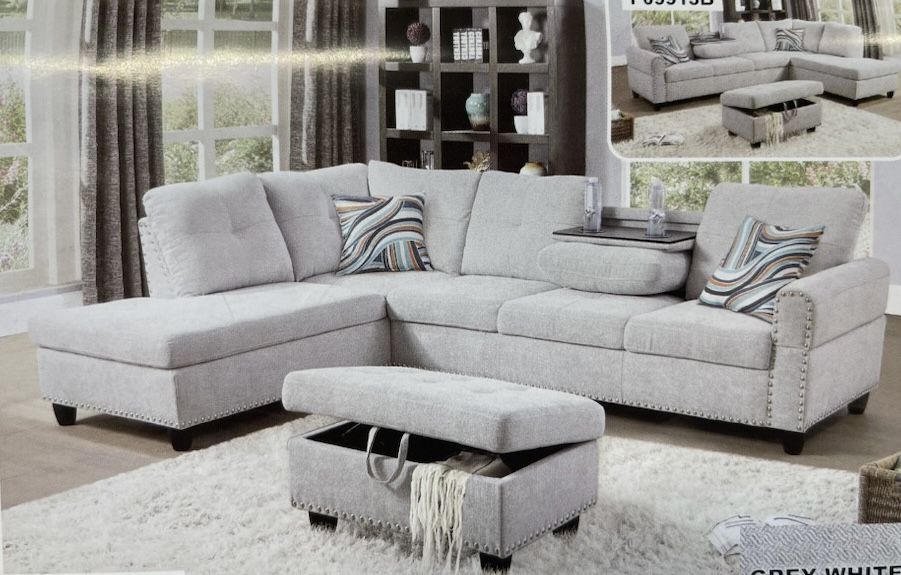 Light Grey Linen Sectional Couch With Drop Down Table
