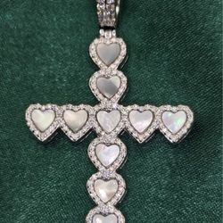 Diamond Heart Cross Pendant with Mother of Pearl Inlay in White Gold
