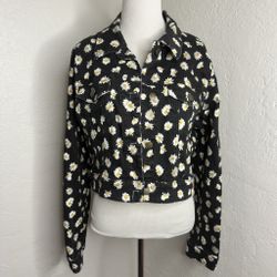 GUESS Women's Vintage 1990's Black Daisy Flower Pattern Denim Jean Jacket Medium 
