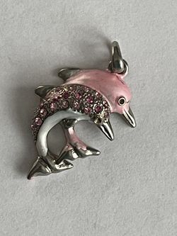 Cute Pink Double Dolphin Charm Pink Rhinestones Silver Tone