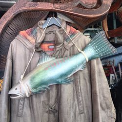 Large Wood Carved Hanging Fish Trout Sculpture Cabin Decor