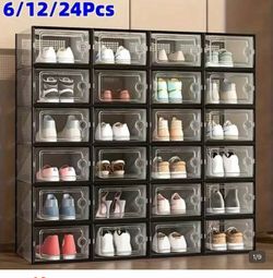 Stackable Clear Shoe Storage Boxes with Front Door – Dustproof Sneaker Organizer (6/12/24 PCS)