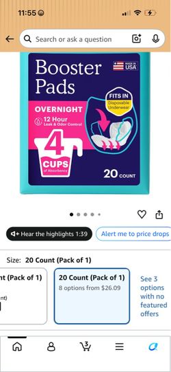 Because Overnight Incontinence Booster Pads for Men and Women, Adds 4 Cups Extra Absorbency to Adult Diapers, Super Soft, Adhesive Strip Backing, Unis