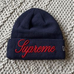 FW24 Supreme World Famous Logo Script Beanie/Hat Navy Blue