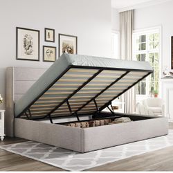 Beige king size Lift Up Storage Bed Frame 