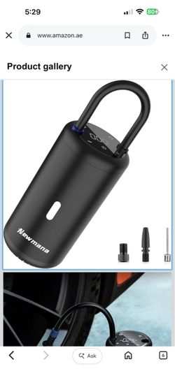 Newmana portable cordless tire inflator and air compressor, featuring a digital LED pressure display, a flexible air hose, and a built-in emergency LE