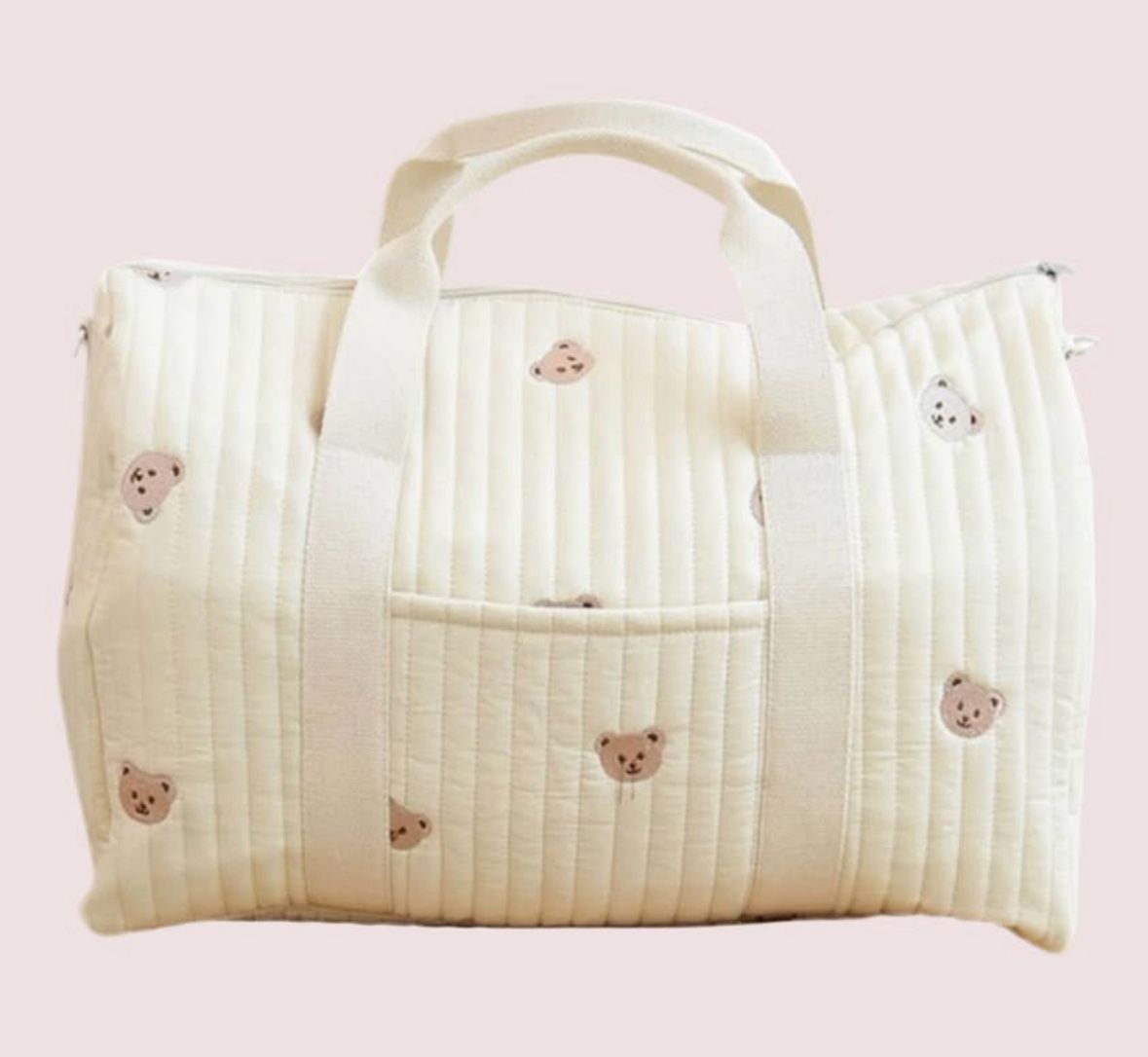 Cozy Quilted Organiser Diaper Bag with Bear Pattern, Large Capacity Travel Tote, Cream 