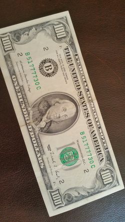 Vintage $100 Bill With Quads of 7s