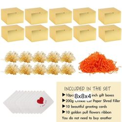 10pcs Gold Gift Boxes(8x8x4 in), Includes Crinkle Cut Paper Filler, 10 Pull Ribbon Bows, 10 Greeting Cards