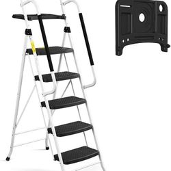 HBTower 5 Step Ladder with Handrails, Folding Step Stool with Tool Platform,NEW