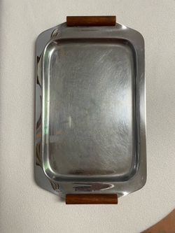 Vintage Manning Bowman Metal Tray Wood Handles, Charcuterie Platter, 9” x 15”