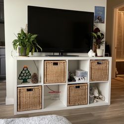 White Storage Shelf with Rattan Baskets