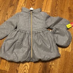 New Penelope Mack Toddler Girls Jacket Size 24 Months, Super Cute With Matching Hat, gray with adorable polka dot detail, Fleece Lined, $15 Cash At Pi