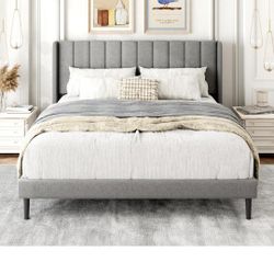 Gruwans Queen Size Bed Frame with Upholstered Wingback Headboard, Easy Assemnly Platform Bed, Wooden Slat Support No Box Spring Needed, Light Gray