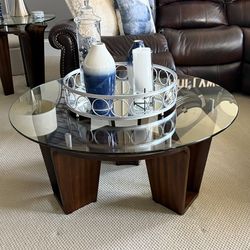 3 Piece Dark Brown And Glass Table Set (coffee Table, End Table And Sofa Table)