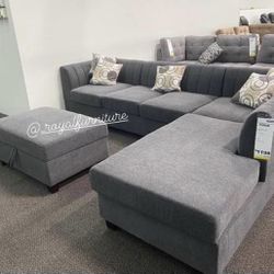 CHARCOAL SECTIONAL SET WITH STORAGE OTTOMAN 