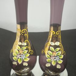 Enesco Set Of 2 Purple Amethyst Bohemian Glass Gold Gilded Hand Painted Vases