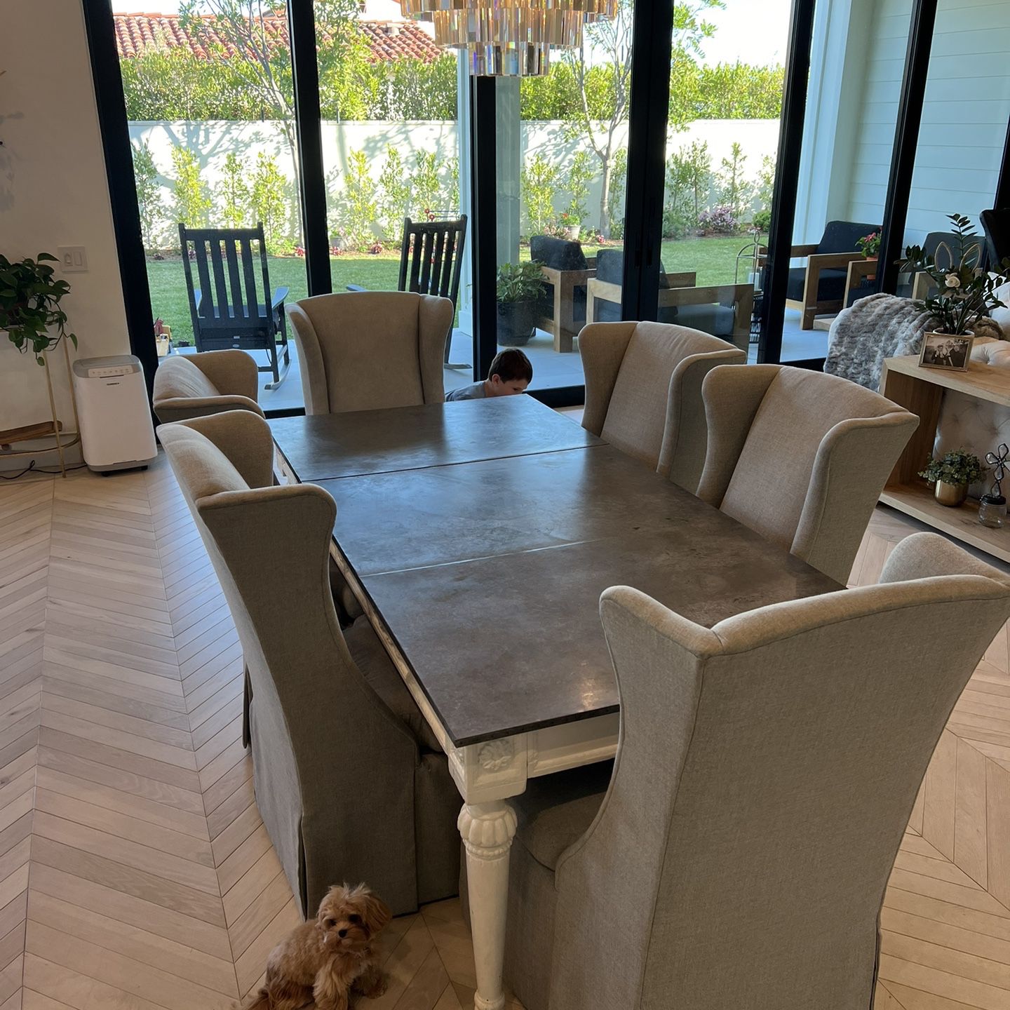 Wood, Antique Zinc Top Table with Wingback Chairs 