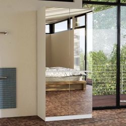 Wardrobe Closet with All Mirror, Wooden Armoire with 4 Doors & Hanging Rod white $140 