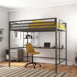 *Brand New* Full Size Metal Loft Bed with Desk & Shelves, Gray