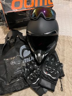 Matte Black Motocross Helmet with Goggles and Gloves