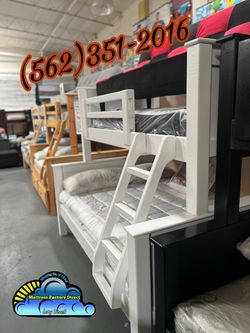 Twin over full white bunk bed with mattresses colchones camas nuevas
