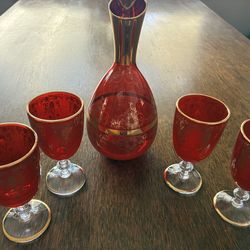 Vintage RUBY Red/ Gold GOBLETS w/ DECANTER + TOPPER