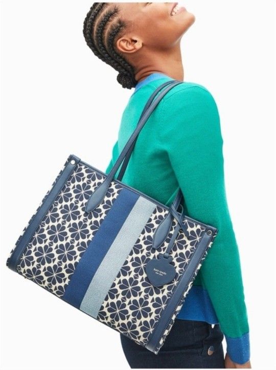 NWT Kate Spade Flower Jacquard Stripe Market Medium Tote Bag Blue Multi.