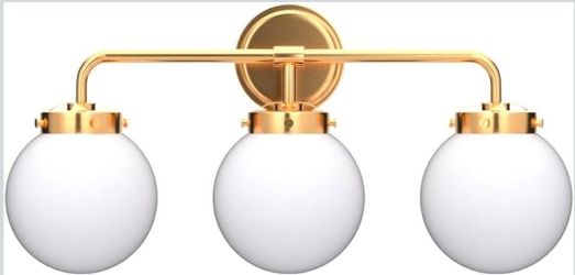Brushed Gold Vanity Light Fixtures 22.4in Wide - 3-Light - Milky White Glass Lampshades.