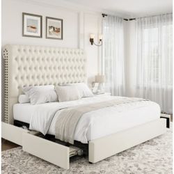 Off White Button Tufted King Size Platform Bed Frame with Drawers