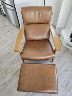 West Elm Mid-Century High-Back Leather Chair & Ottoman – Saddle Brown