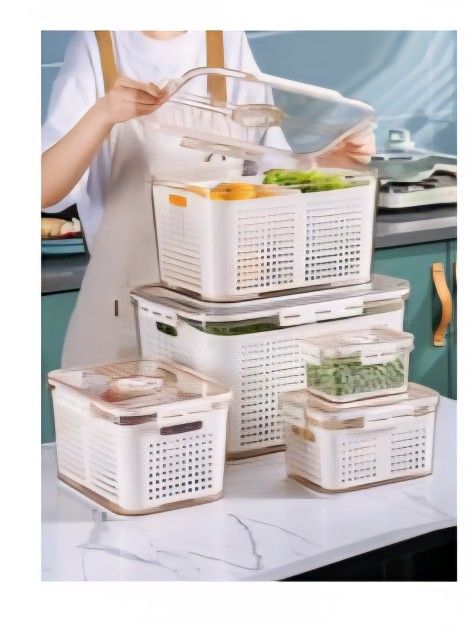 6-Piece Produce Storage Containers with Draining Baskets – Brand New Set