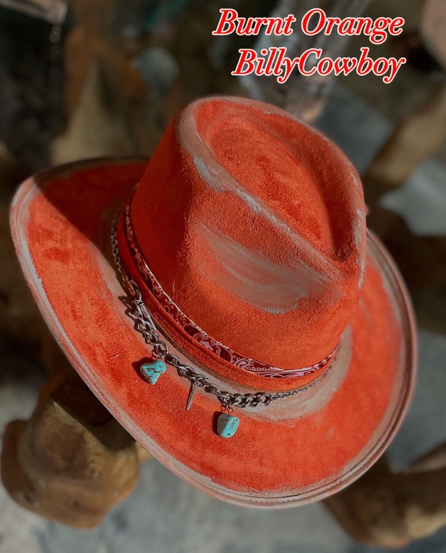 π§‘ Cowboy Billy in Burnt Orange Splendor ππ  Unique Bohemian Hat featuring Turquoise, Rust, and natural accents, paired with silky bandana and feathe
