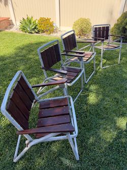 Vintage Metal and Wood Slat Patio Chairs Set of 4