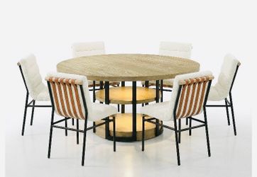 ROUND RUSTIC OAK DINNING  SET 7PC W LED,BLK METALFRAME SHELVES &WHT BOUCLE CHAIRS