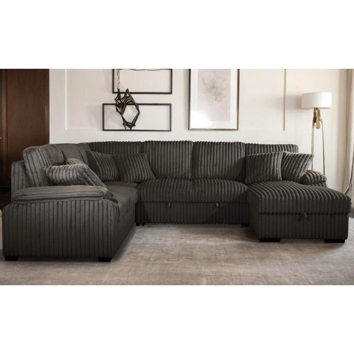 Brand New Brown Jumbo Corduroy LHF Fabric U-Shaped Pull Out Sectional Sofa w/ Storage Chaise + Pillows