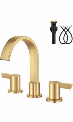 Aolemi Bathroom Faucets 3 Hole,8 Inch Widespread Waterfall Bathroom Sink Faucet,2 Handles Vanity Faucet with Pop-up Drain and Supply Hose,Gold