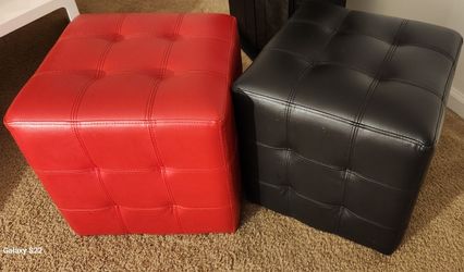 Red & Black Leather Square Ottomans Set