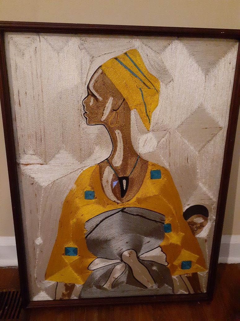 Beautiful Hand Sewn Lady and Child in Wood Frame