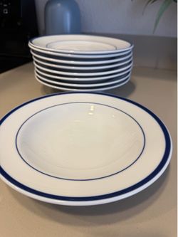 Set of 9 White Dinner Plates with Blue Rim – Everyday Dining Set