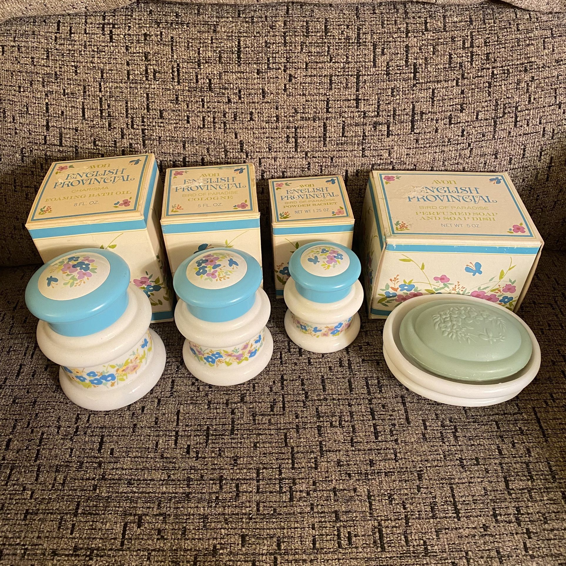 Avon English Provincial Set Soup Dish and Soap Powder Sachet Cologne Bath Oil