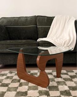 45in” Coffee Table for Living Room Mid Century Modern Center Table with Glass Top and Wood, Transparent/Walnut