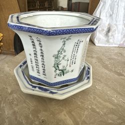 Handmade Blue & White Porcelain Flower Pot Planter with Drainage – Indoor Outdoor Decor