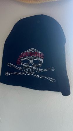 Black Beanie Hat Skull Crossbones Rhinestone