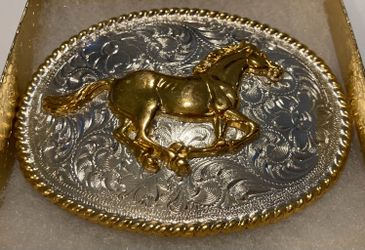 Vintage Metal Belt Buckle, Nocona, Silver and Brass, Nice Horse, Pony, Nice Design, 3 1/2" x 2 1/2", Heavy Duty, Quality, Thick Metal, Made in USA, Fo