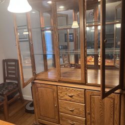 Solid Oak Lighted China Hutch – Good Condition!