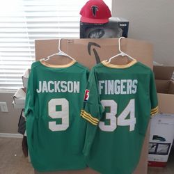 Atlanta Falcons Fitted Hat $15, Reggie Jackson Or Rollie Fingers Oakland A's Jerseys $45-$55 Each See All Photos 