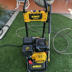 Powerful DeWalt pressure washer. Has 3400 PSI and 2.5 GPM. Gas powered. Comes with different nozzles and hose. Super handy for cleaning all sorts of s
